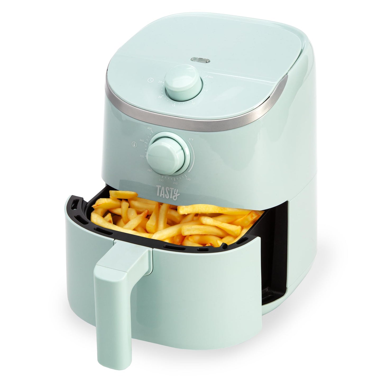 Tasty Personal Air Fryer, Healthier Meals in Minutes, Adjustable Temp Control up to 400°F, Easy-to-Use Design, Nonstick Basket and Tray Made without PFAS, PFOA, PFOS & PTFE, 900 Watts, 2-Quart, White