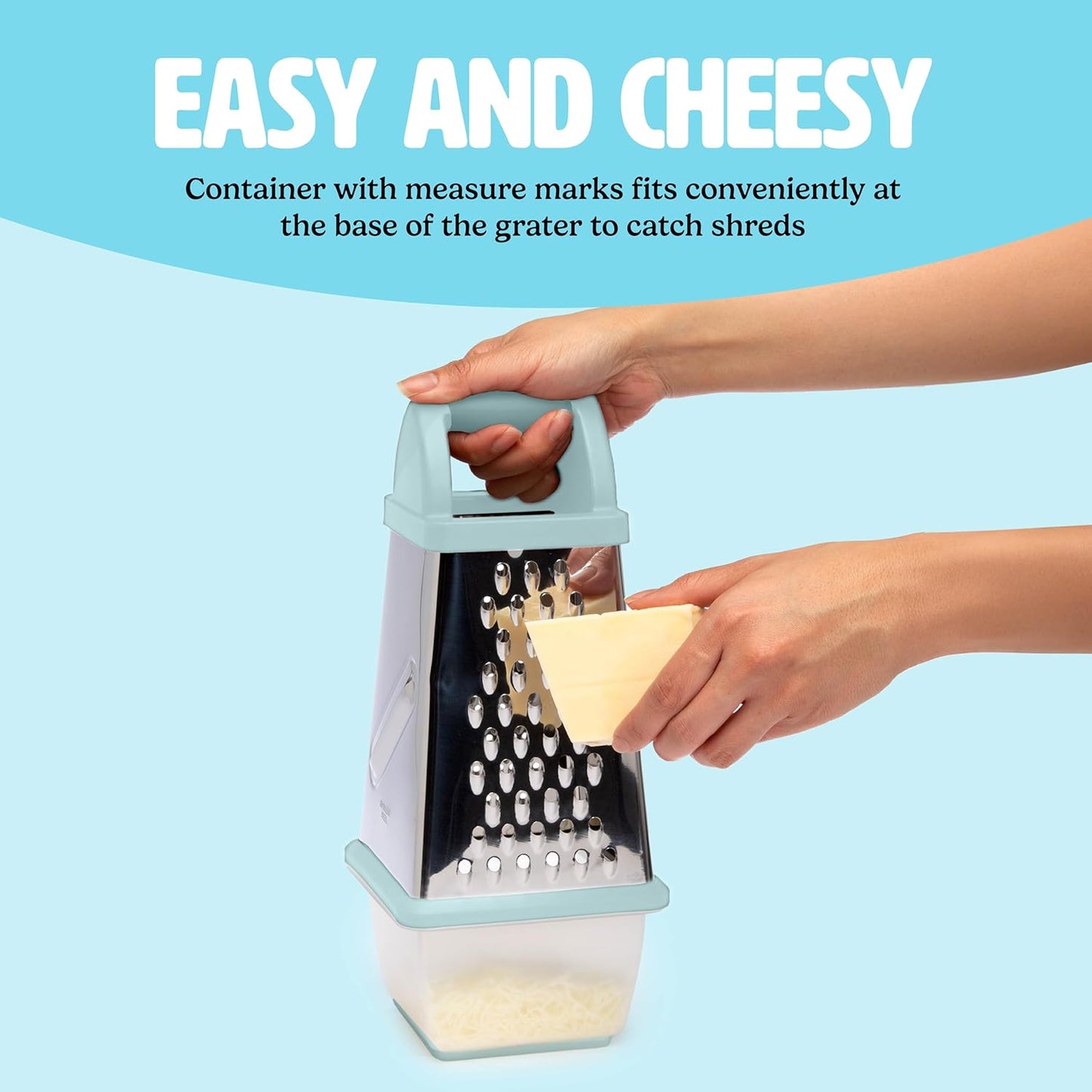 Tasty Box Grater with Storage Container & Lid, Multi-Sided Stainless Steel Grater for Fine, Medium, Coarse Shreds & Slicing, Non-Slip Base, Dishwasher Safe, Aqua