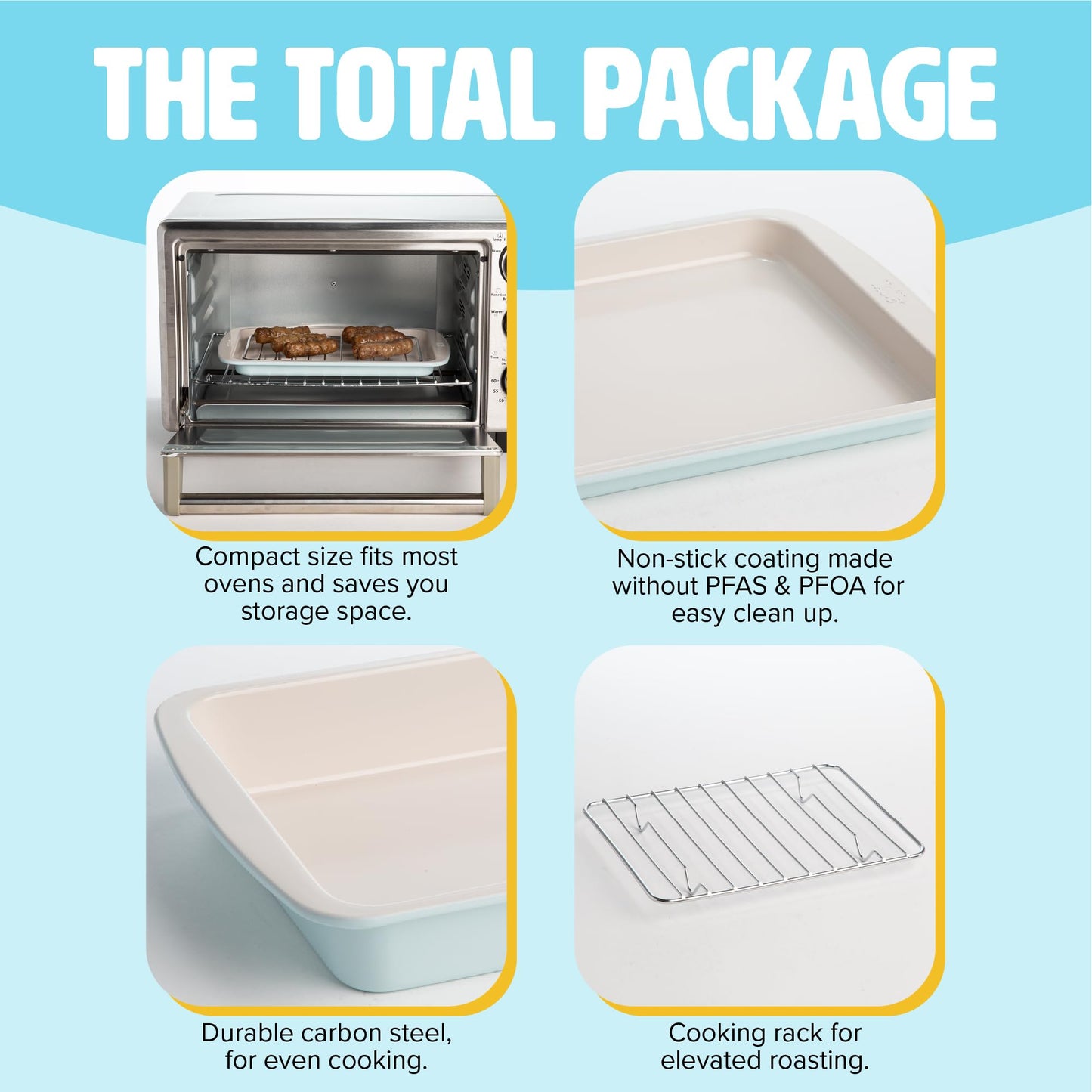 Tasty Nonstick Toaster Oven Baking Set Includes Cake Pan, Oven Tray, Rack, Carbon Steel Bakeware, 3-Piece Set, Pink