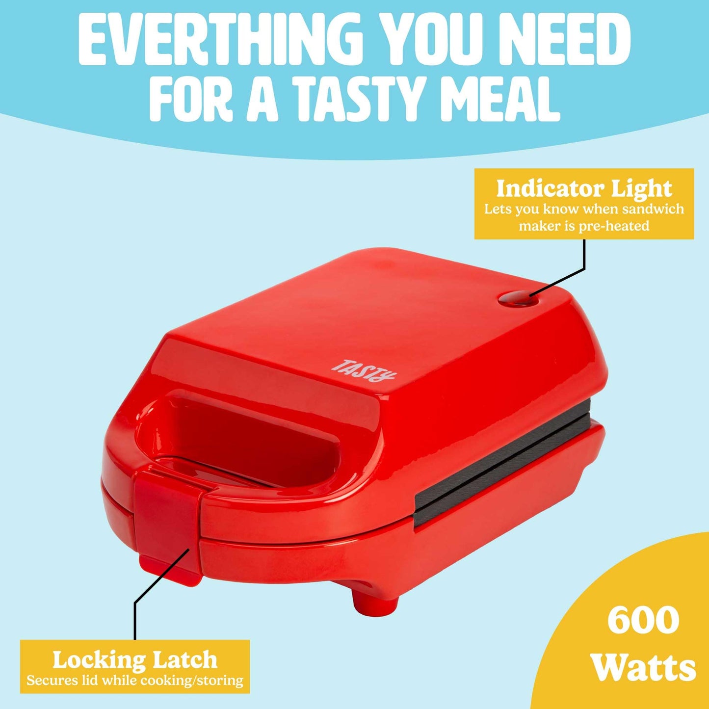 Tasty Mini Sandwich Maker, Makes Sandwiches, Paninis, Grilled Cheese, Desserts, Quick Results, Easy Cleanup, 600W, Aqua
