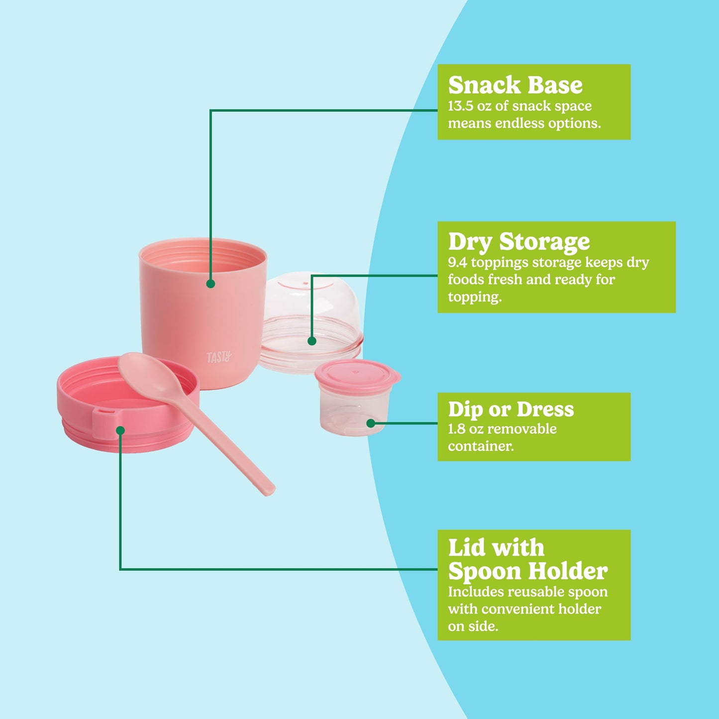 Tasty Travel Snack Cups with Spoons, On-The-Go Snacking, Divided Compartments, Great for Nuts, Cereal, Granola, Yogurt and More, Made Without BPA, 2-Pack, Aqua