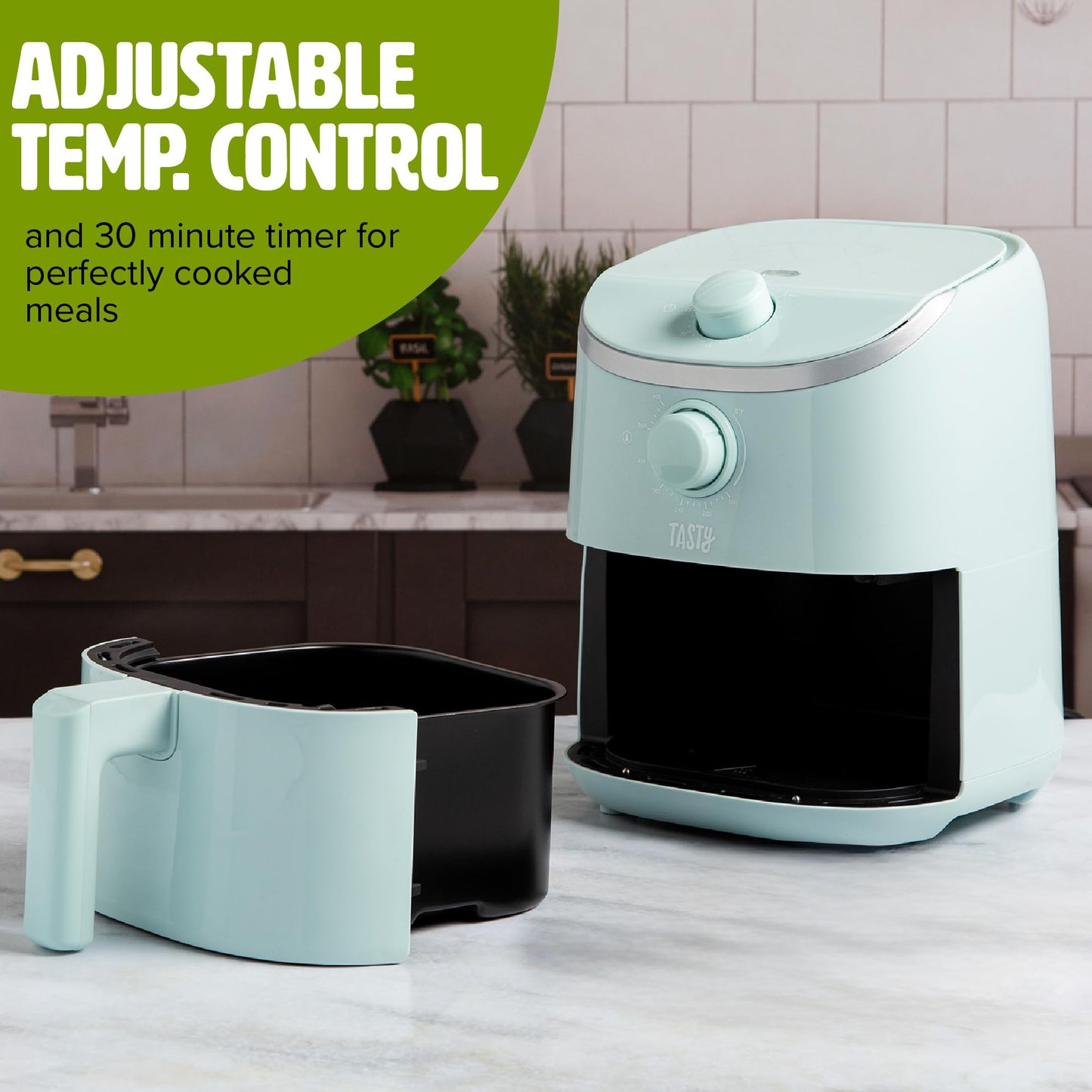 Tasty Personal Air Fryer, Healthier Meals in Minutes, Adjustable Temp Control up to 400°F, Easy-to-Use Design, Nonstick Basket and Tray Made without PFAS, PFOA, PFOS & PTFE, 900 Watts, 2-Quart, White