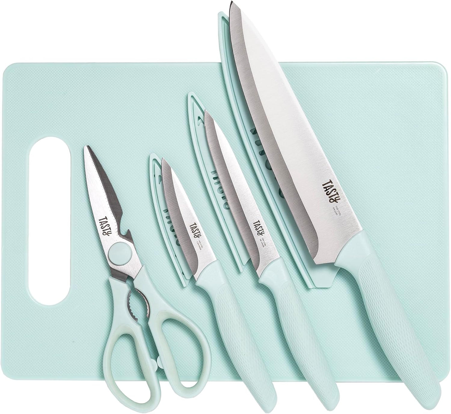 Tasty 5-Piece Cutlery & Cutting Board Set, High-Carbon Stainless Steel Knives with Soft Grip Handles, Reversible Cutting Board for Chopping & Serving, Aqua