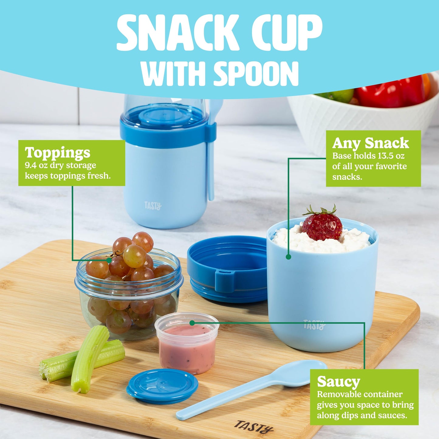 Tasty Travel Snack Cups with Spoons, On-The-Go Snacking, Divided Compartments, Great for Nuts, Cereal, Granola, Yogurt and More, Made Without BPA, 2-Pack, Aqua