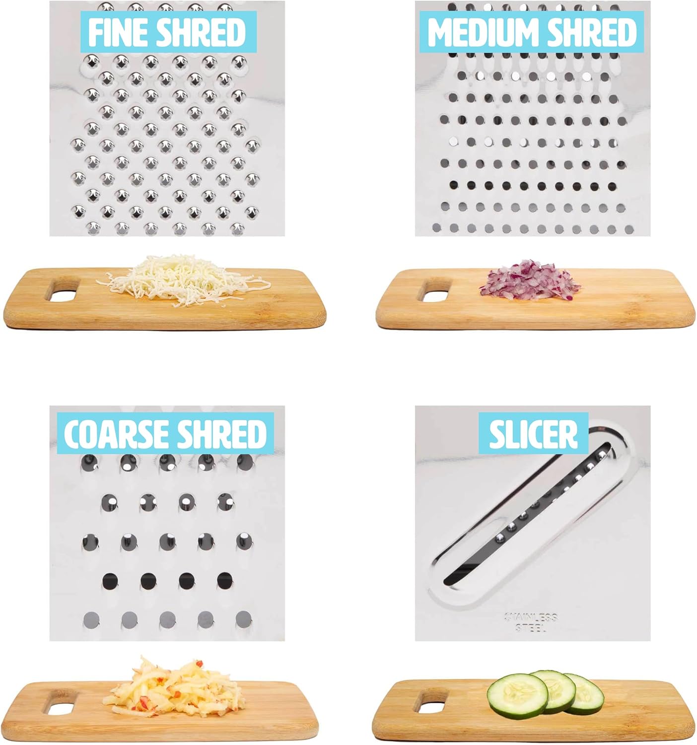 Tasty Box Grater with Storage Container & Lid, Multi-Sided Stainless Steel Grater for Fine, Medium, Coarse Shreds & Slicing, Non-Slip Base, Dishwasher Safe, Aqua