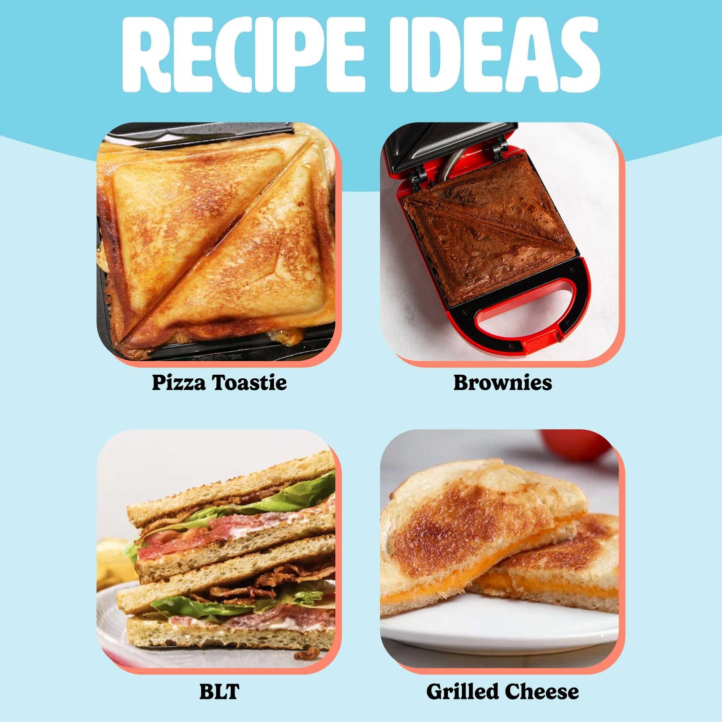 Tasty Mini Sandwich Maker, Makes Sandwiches, Paninis, Grilled Cheese, Desserts, Quick Results, Easy Cleanup, 600W, Aqua