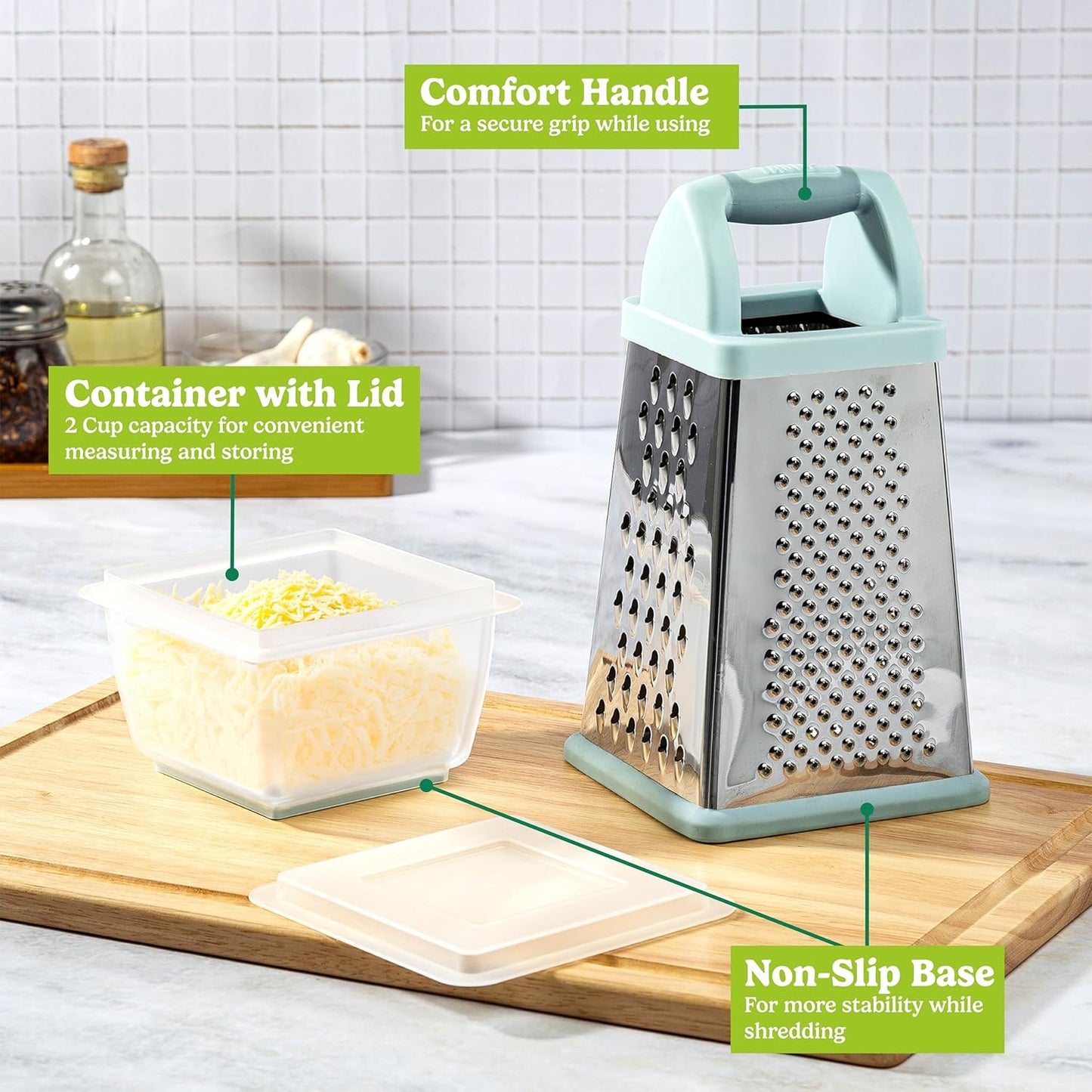 Tasty Box Grater with Storage Container & Lid, Multi-Sided Stainless Steel Grater for Fine, Medium, Coarse Shreds & Slicing, Non-Slip Base, Dishwasher Safe, Aqua