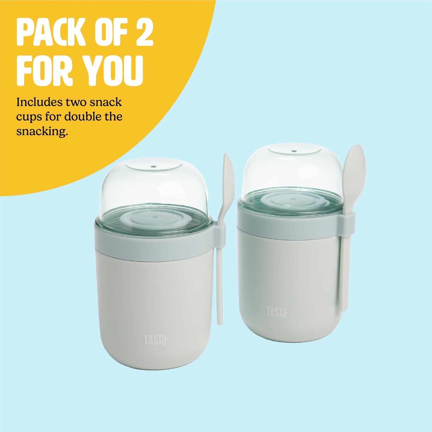 Tasty Travel Snack Cups with Spoons, On-The-Go Snacking, Divided Compartments, Great for Nuts, Cereal, Granola, Yogurt and More, Made Without BPA, 2-Pack, Aqua
