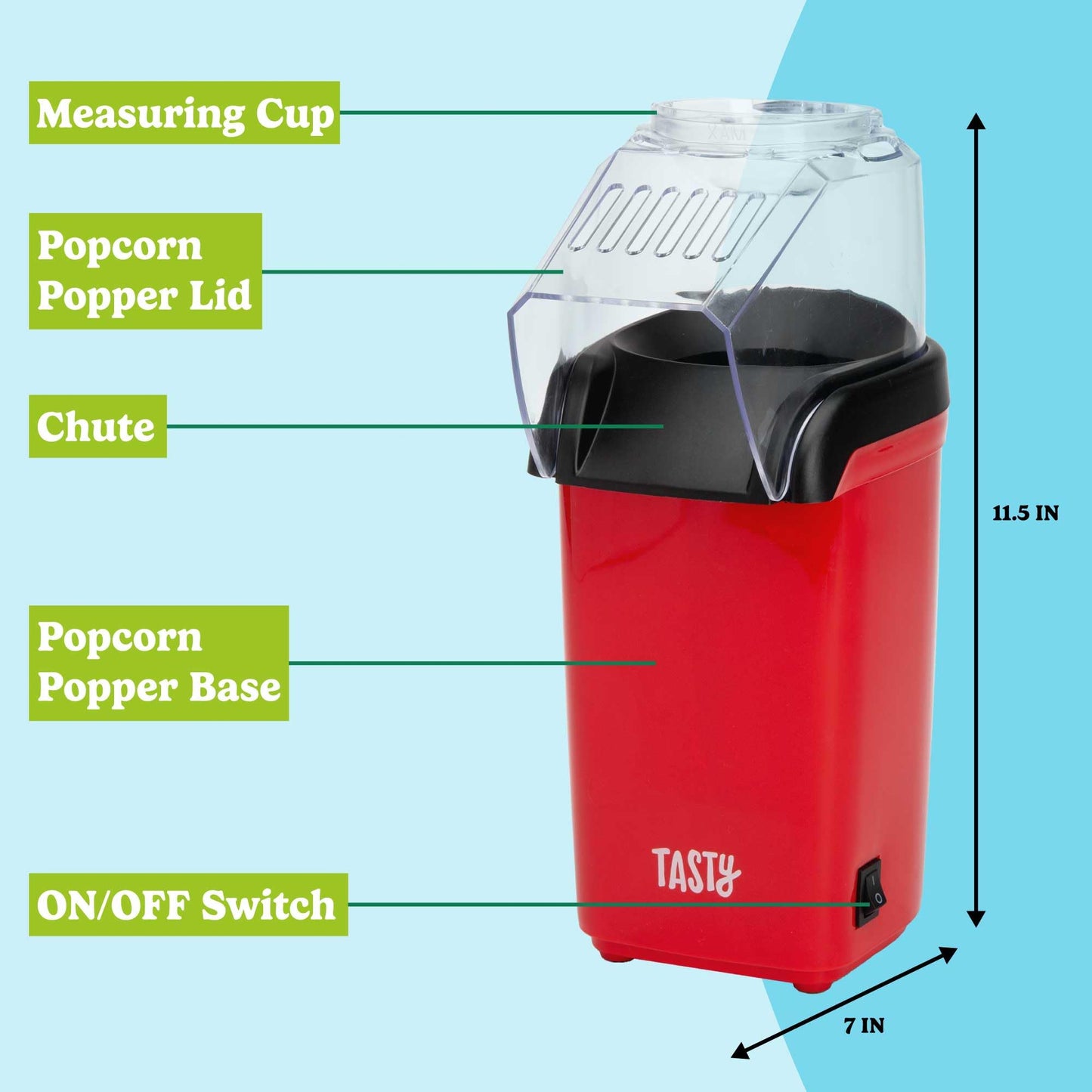 Tasty Hot Air Popcorn Popper, Healthy and Delicious Popcorn in Minutes, Fast and Easy-to-Use, Built-In Measuring Cup and Butter Warmer, 8 Cups, White
