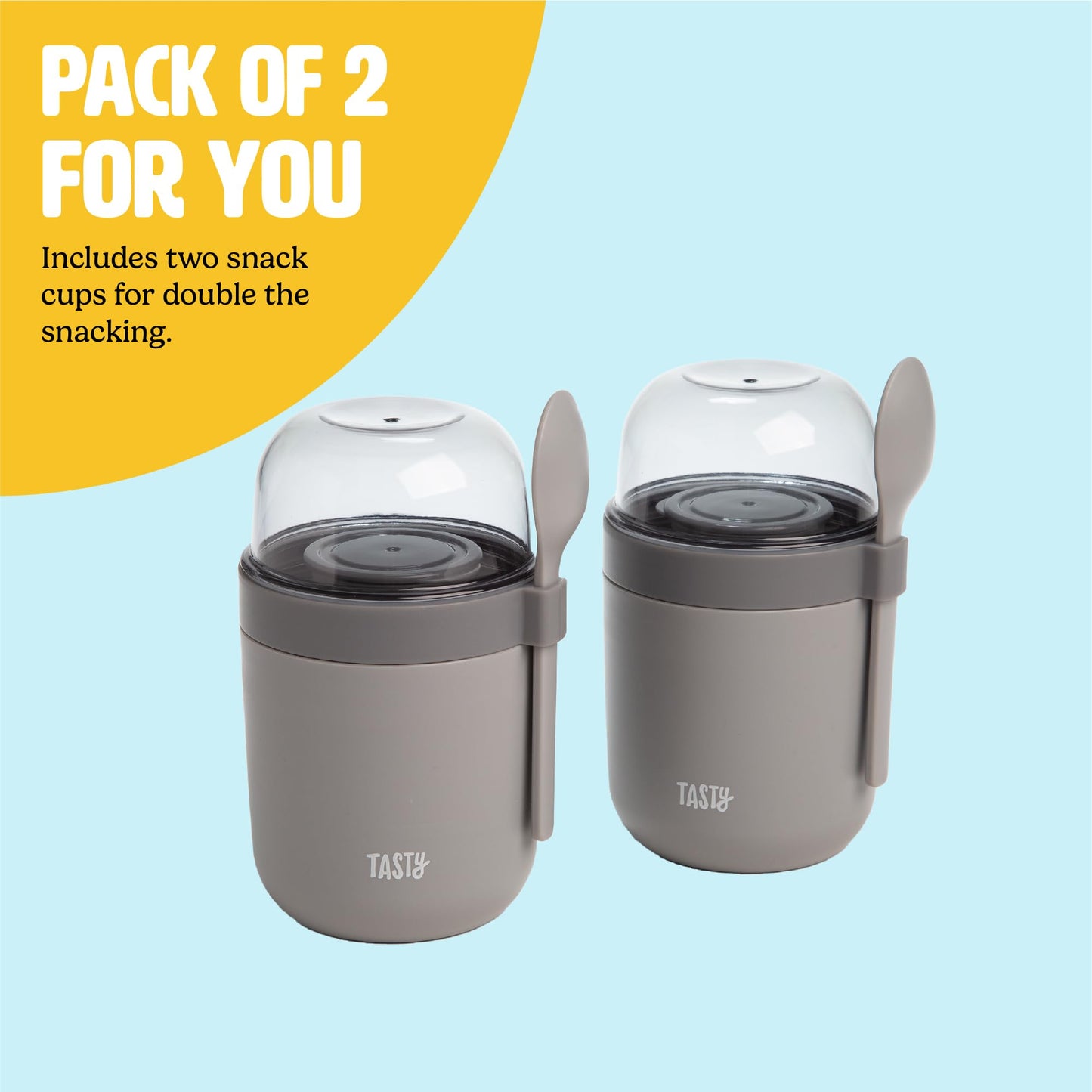 Tasty Travel Snack Cups with Spoons, On-The-Go Snacking, Divided Compartments, Great for Nuts, Cereal, Granola, Yogurt and More, Made Without BPA, 2-Pack, Aqua