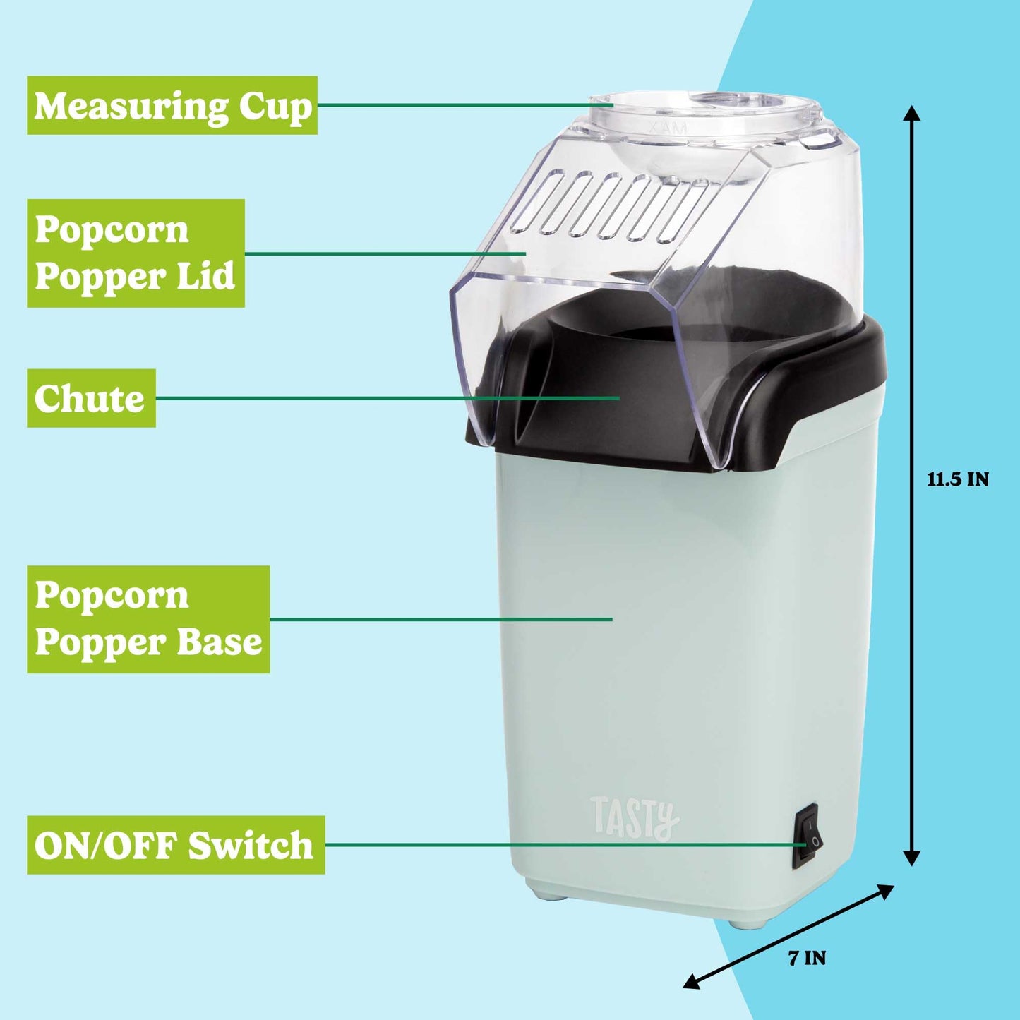 Tasty Hot Air Popcorn Popper, Healthy and Delicious Popcorn in Minutes, Fast and Easy-to-Use, Built-In Measuring Cup and Butter Warmer, 8 Cups, White