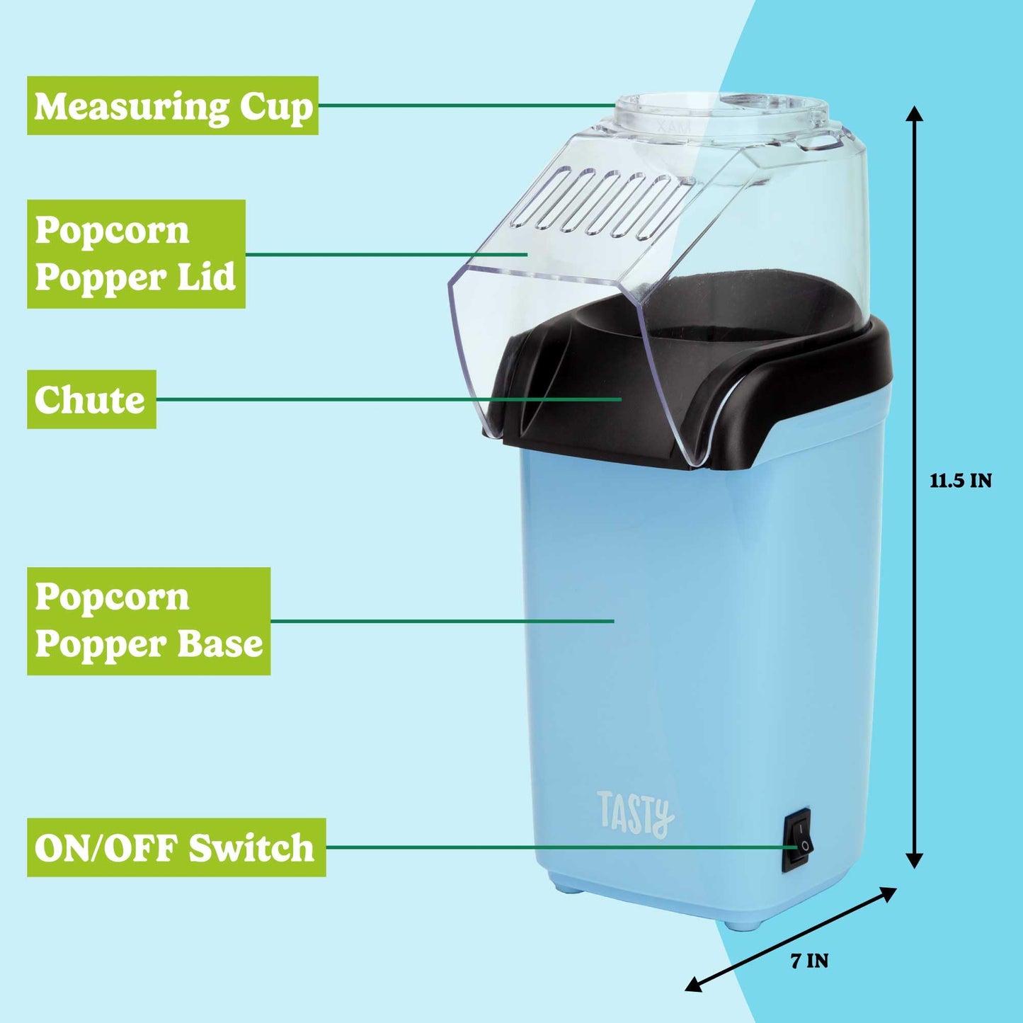 Tasty Hot Air Popcorn Popper, Healthy and Delicious Popcorn in Minutes, Fast and Easy-to-Use, Built-In Measuring Cup and Butter Warmer, 8 Cups, White