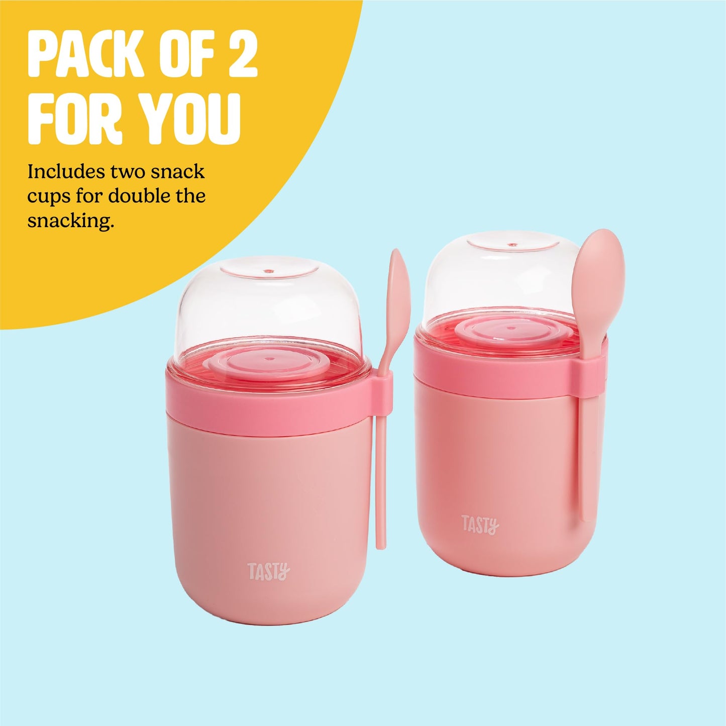 Tasty Travel Snack Cups with Spoons, On-The-Go Snacking, Divided Compartments, Great for Nuts, Cereal, Granola, Yogurt and More, Made Without BPA, 2-Pack, Aqua