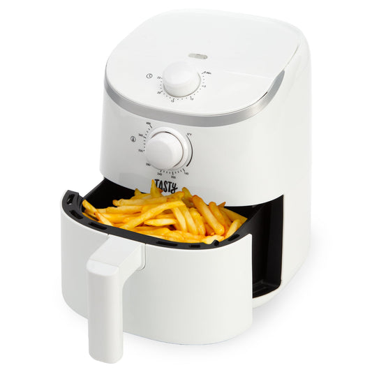 Tasty Personal Air Fryer, Healthier Meals in Minutes, Adjustable Temp Control up to 400°F, Easy-to-Use Design, Nonstick Basket and Tray Made without PFAS, PFOA, PFOS & PTFE, 900 Watts, 2-Quart, White