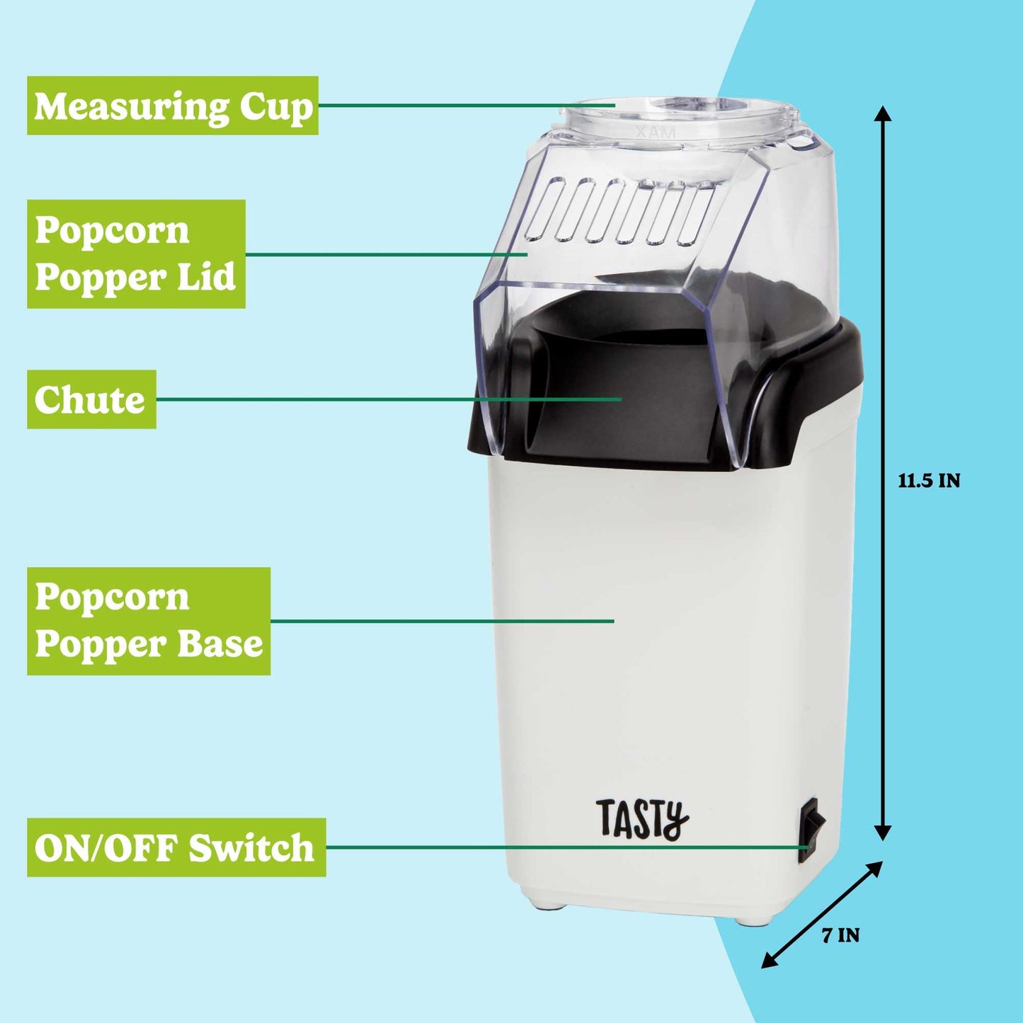 Tasty Hot Air Popcorn Popper, Healthy and Delicious Popcorn in Minutes, Fast and Easy-to-Use, Built-In Measuring Cup and Butter Warmer, 8 Cups, White