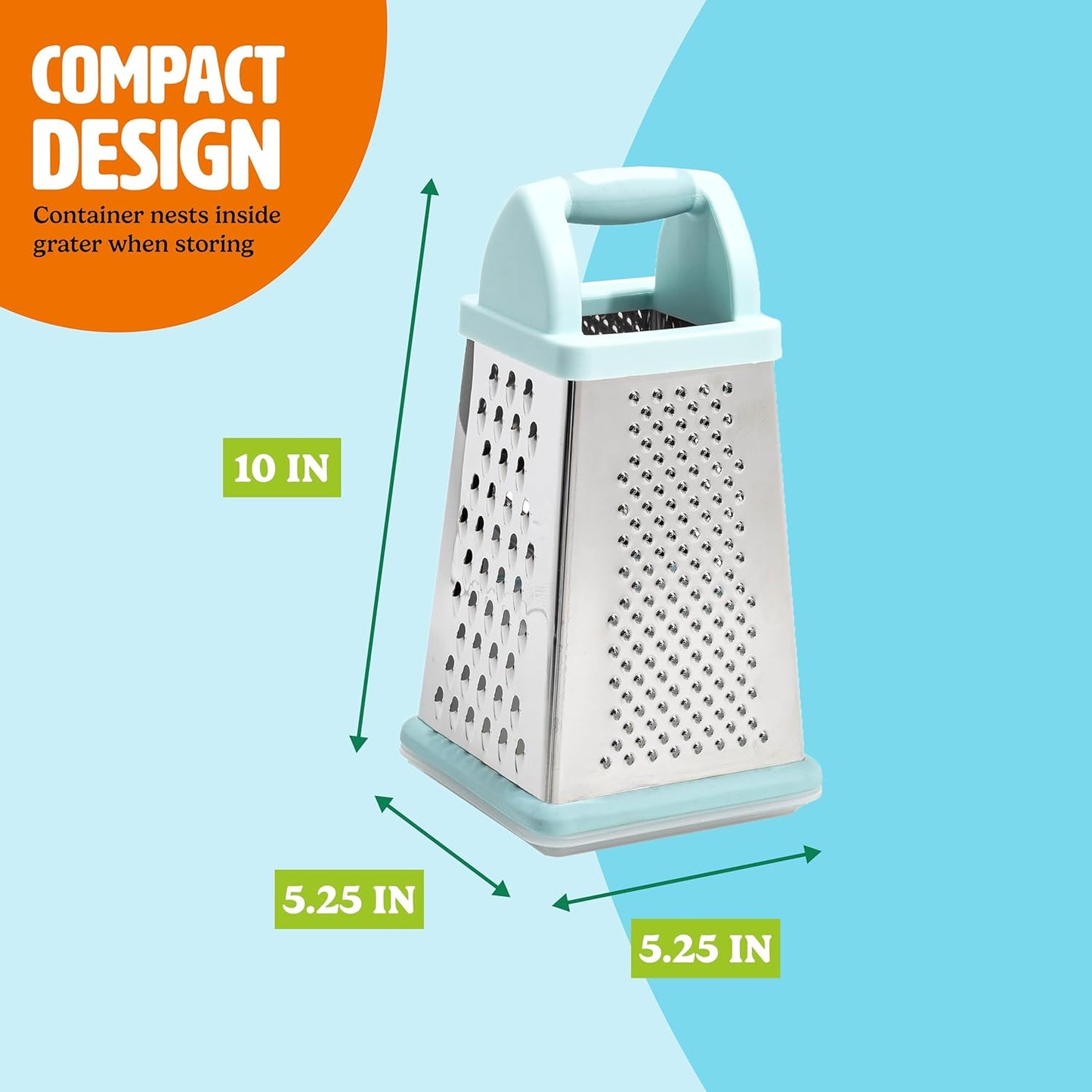 Tasty Box Grater with Storage Container & Lid, Multi-Sided Stainless Steel Grater for Fine, Medium, Coarse Shreds & Slicing, Non-Slip Base, Dishwasher Safe, Aqua