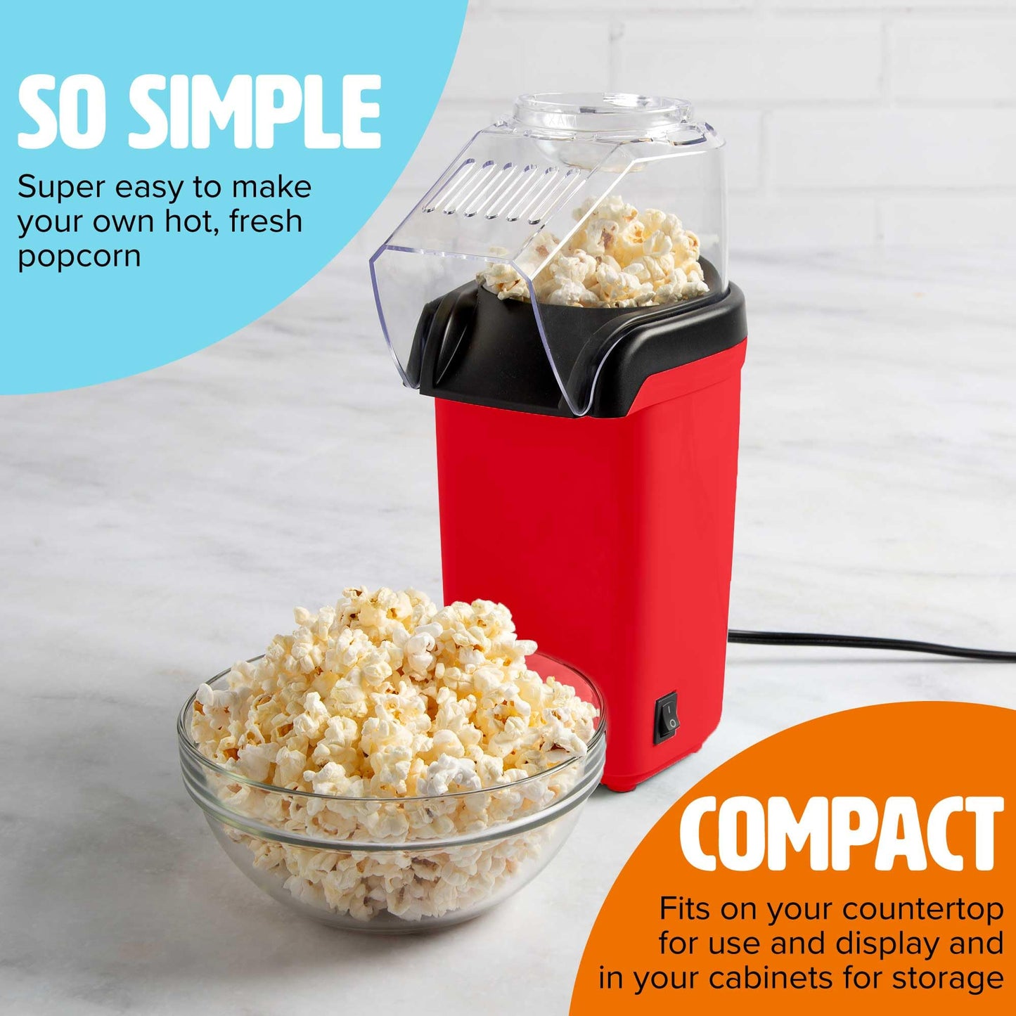 Tasty Hot Air Popcorn Popper, Healthy and Delicious Popcorn in Minutes, Fast and Easy-to-Use, Built-In Measuring Cup and Butter Warmer, 8 Cups, White
