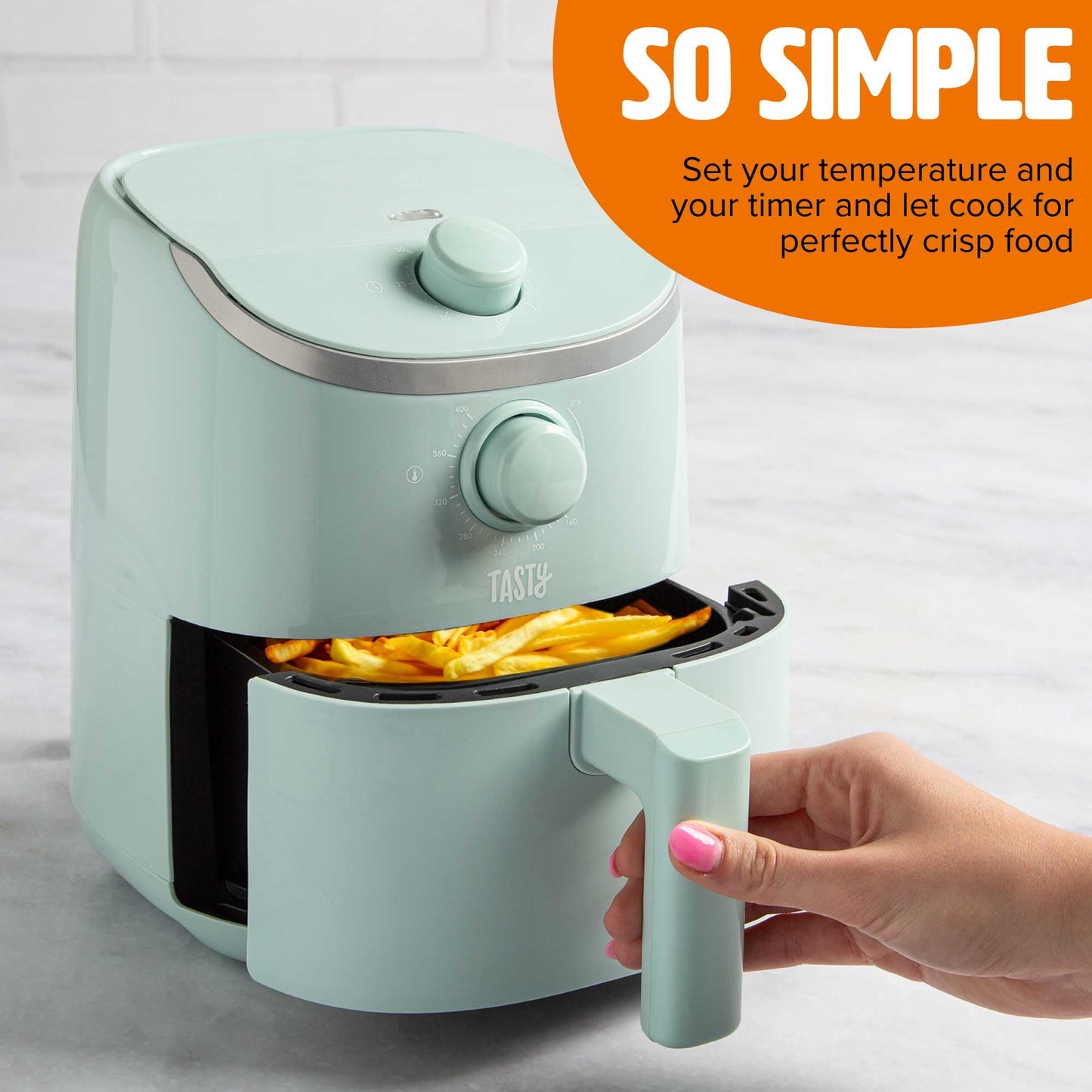 Tasty Personal Air Fryer, Healthier Meals in Minutes, Adjustable Temp Control up to 400°F, Easy-to-Use Design, Nonstick Basket and Tray Made without PFAS, PFOA, PFOS & PTFE, 900 Watts, 2-Quart, White