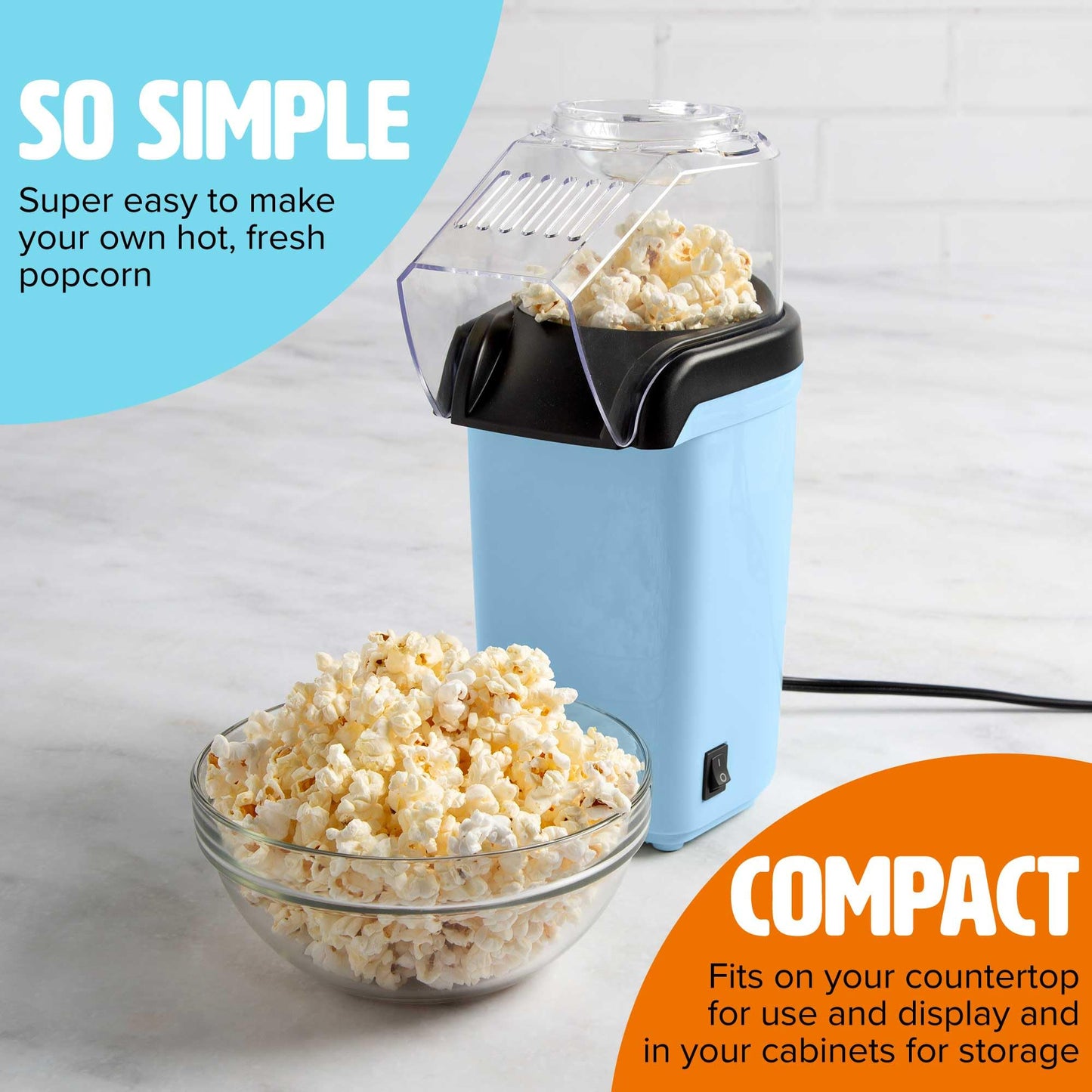 Tasty Hot Air Popcorn Popper, Healthy and Delicious Popcorn in Minutes, Fast and Easy-to-Use, Built-In Measuring Cup and Butter Warmer, 8 Cups, White