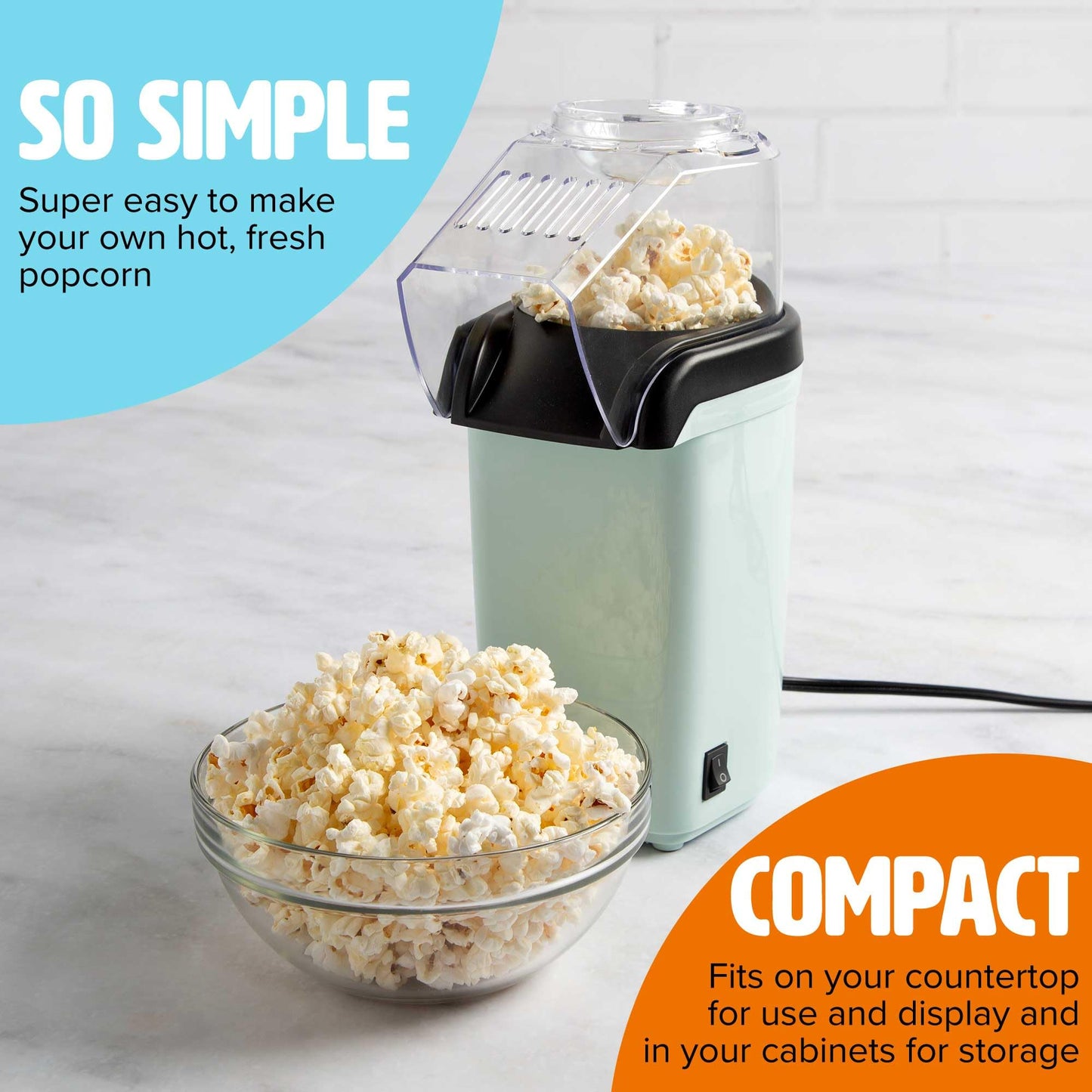 Tasty Hot Air Popcorn Popper, Healthy and Delicious Popcorn in Minutes, Fast and Easy-to-Use, Built-In Measuring Cup and Butter Warmer, 8 Cups, White
