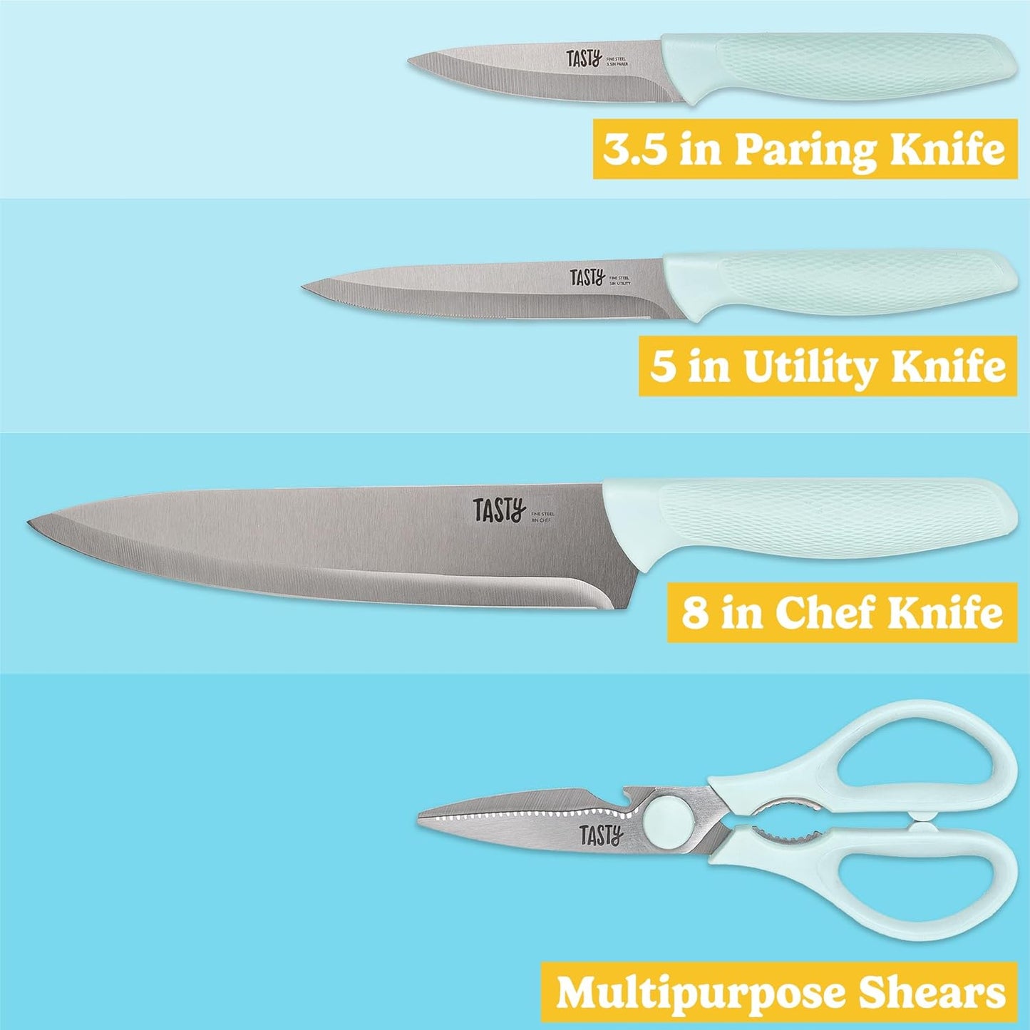 Tasty 5-Piece Cutlery & Cutting Board Set, High-Carbon Stainless Steel Knives with Soft Grip Handles, Reversible Cutting Board for Chopping & Serving, Aqua
