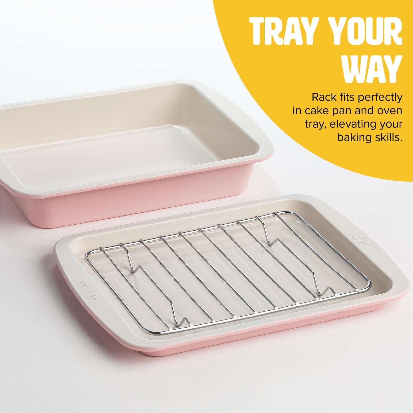 Tasty Nonstick Toaster Oven Baking Set Includes Cake Pan, Oven Tray, Rack, Carbon Steel Bakeware, 3-Piece Set, Pink