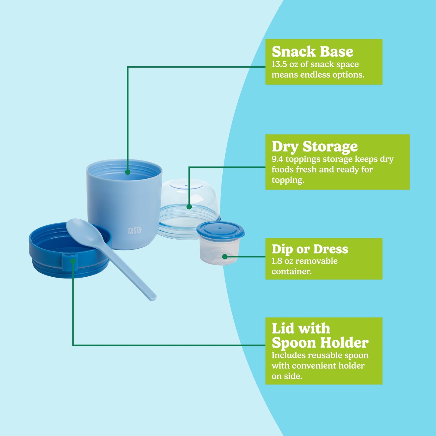Tasty Travel Snack Cups with Spoons, On-The-Go Snacking, Divided Compartments, Great for Nuts, Cereal, Granola, Yogurt and More, Made Without BPA, 2-Pack, Aqua