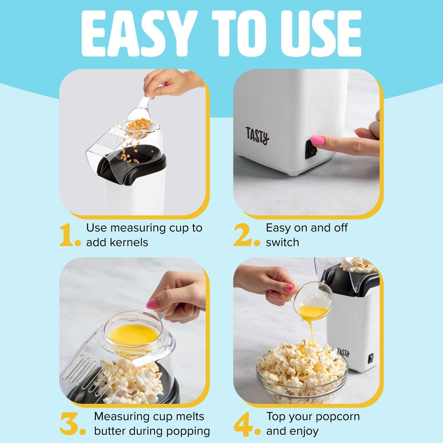Tasty Hot Air Popcorn Popper, Healthy and Delicious Popcorn in Minutes, Fast and Easy-to-Use, Built-In Measuring Cup and Butter Warmer, 8 Cups, White