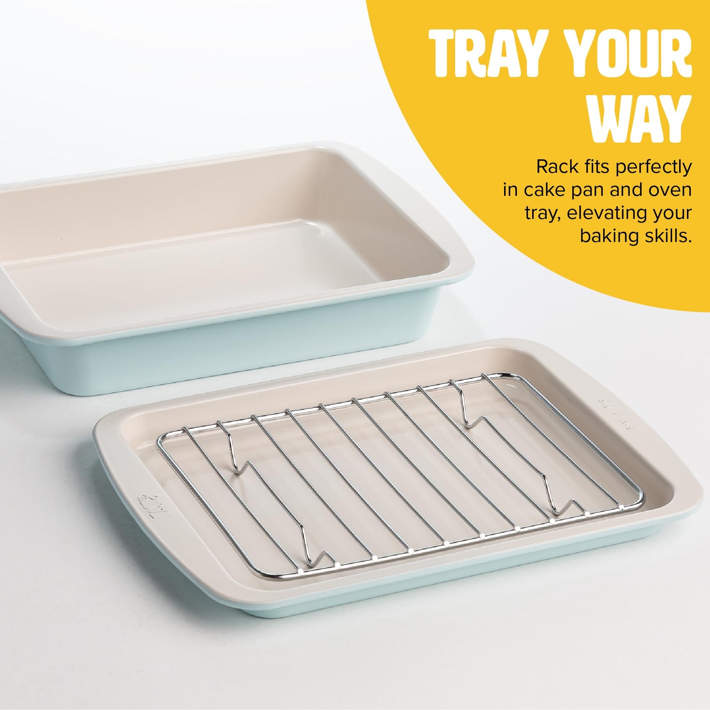 Tasty Nonstick Toaster Oven Baking Set Includes Cake Pan, Oven Tray, Rack, Carbon Steel Bakeware, 3-Piece Set, Pink