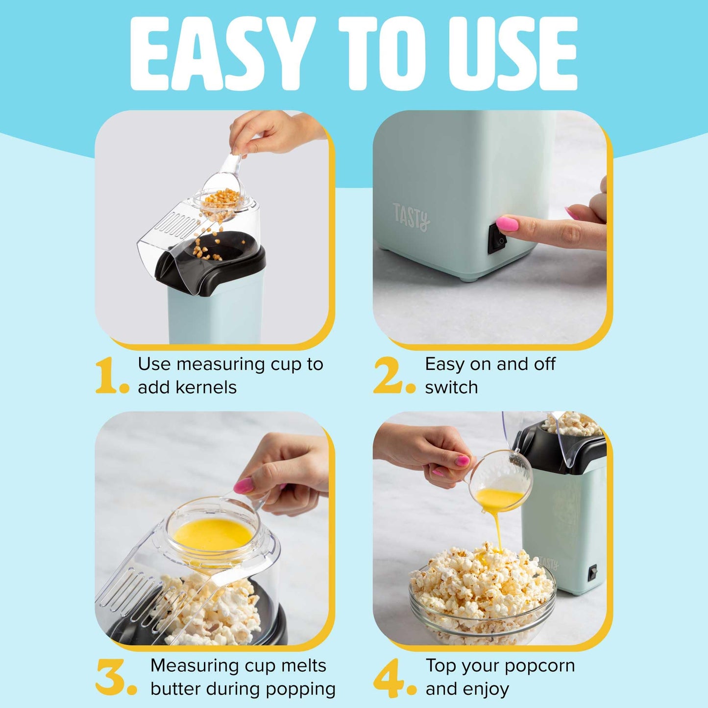 Tasty Hot Air Popcorn Popper, Healthy and Delicious Popcorn in Minutes, Fast and Easy-to-Use, Built-In Measuring Cup and Butter Warmer, 8 Cups, White