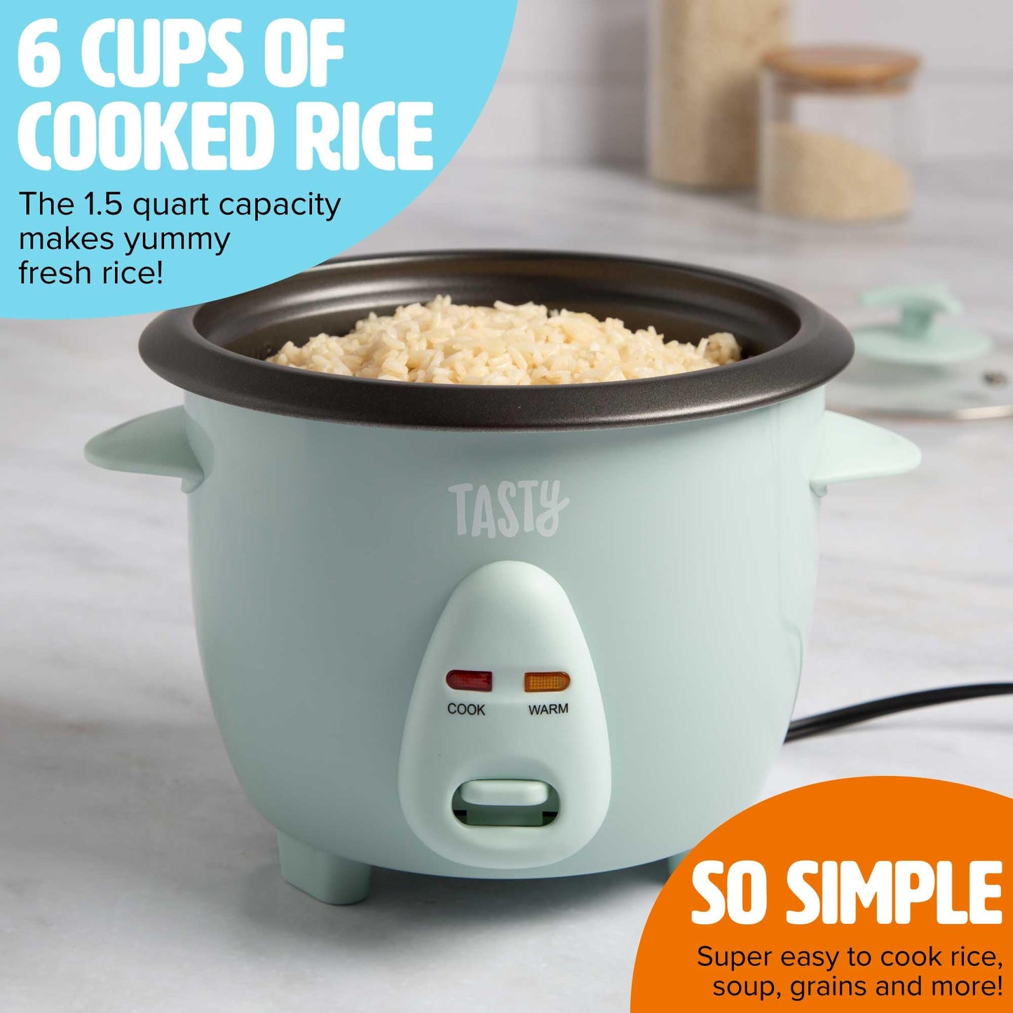 Tasty Mini Rice Cooker with Removable Nonstick Bowl and Auto Keep Warm Function, Great For Soups, Stews, Grains and Oats, 6 Cups Cooked (3 Cups Uncooked), 1.5-Quart, Aqua