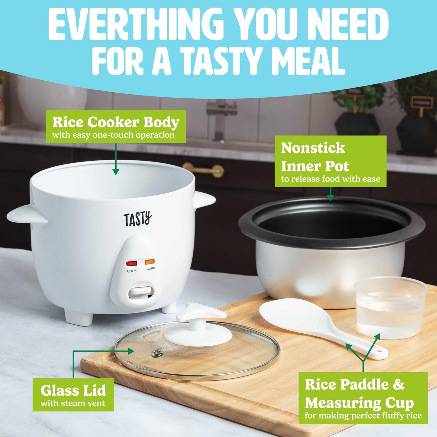 Tasty Mini Rice Cooker with Removable Nonstick Bowl and Auto Keep Warm Function, Great For Soups, Stews, Grains and Oats, 6 Cups Cooked (3 Cups Uncooked), 1.5-Quart, Aqua