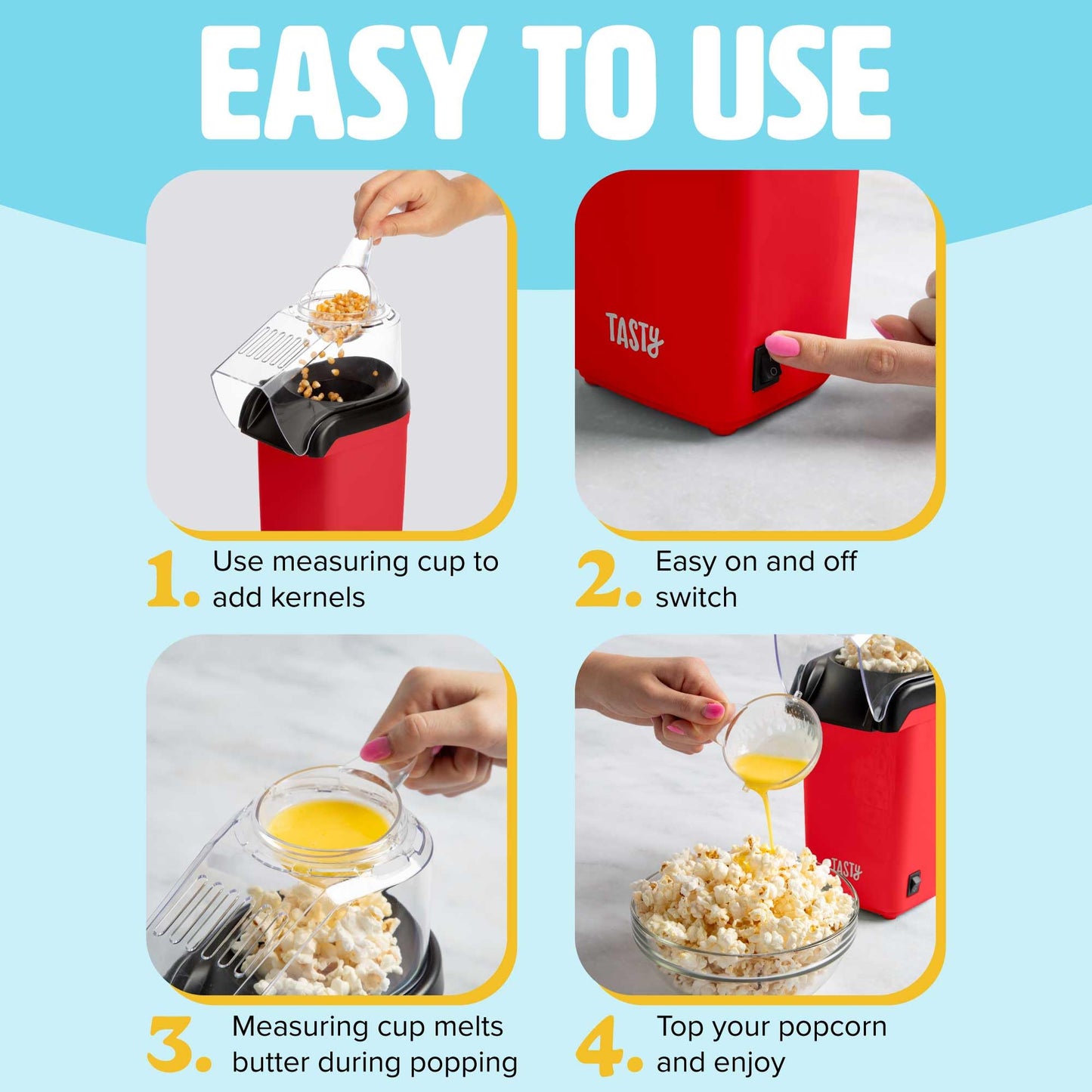 Tasty Hot Air Popcorn Popper, Healthy and Delicious Popcorn in Minutes, Fast and Easy-to-Use, Built-In Measuring Cup and Butter Warmer, 8 Cups, White