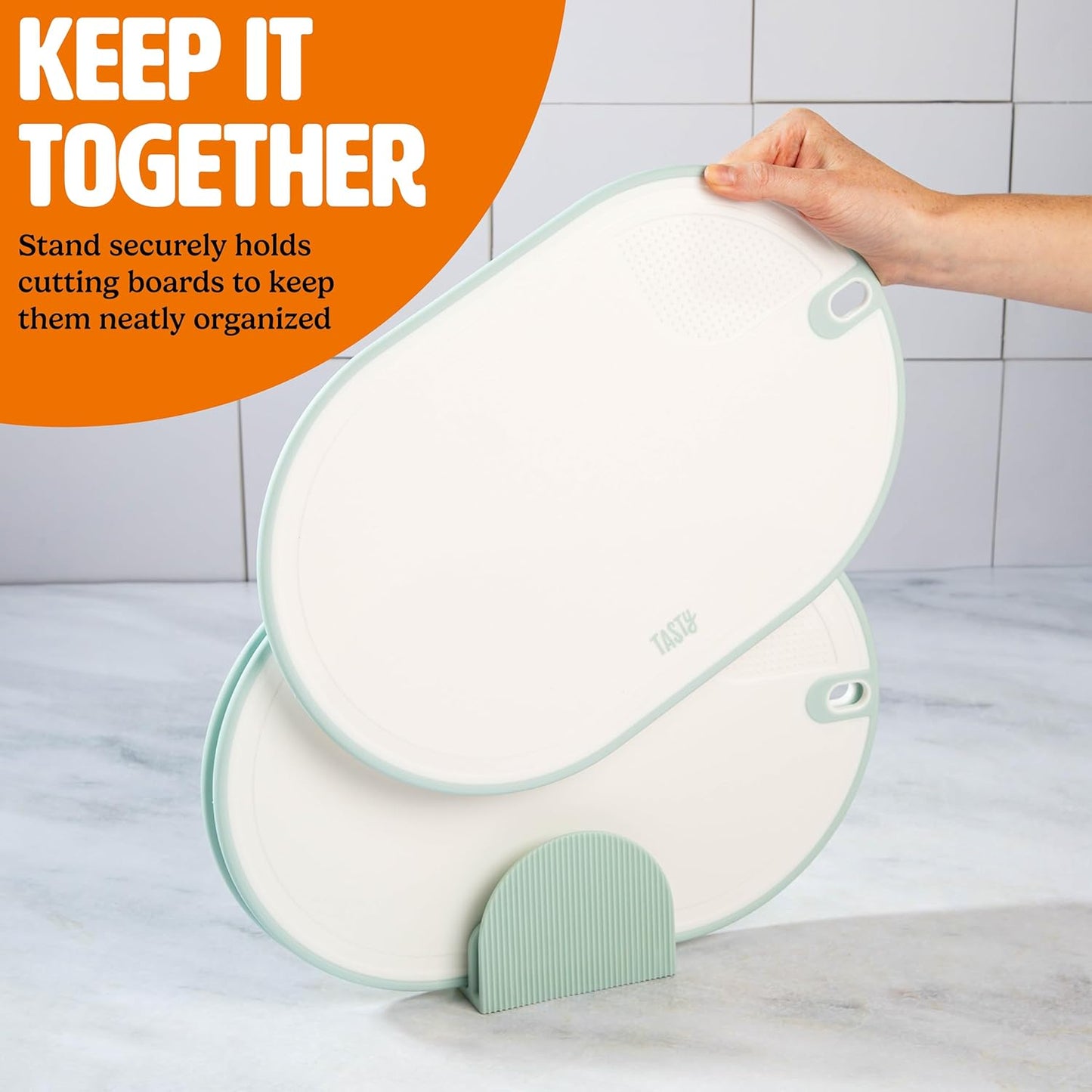 Tasty Cutting Board Set, Cutlery Set includes three 13" x 8.75" reversible boards with Convenient Stand, Dishwasher Safe