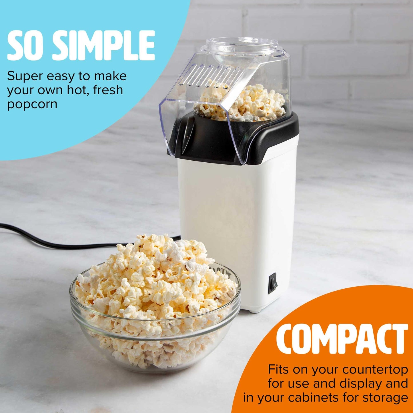 Tasty Hot Air Popcorn Popper, Healthy and Delicious Popcorn in Minutes, Fast and Easy-to-Use, Built-In Measuring Cup and Butter Warmer, 8 Cups, White