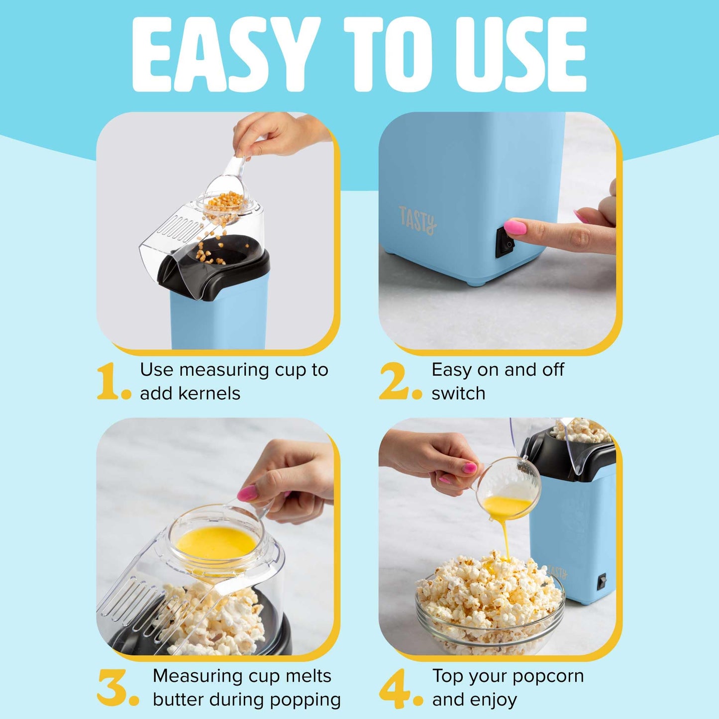 Tasty Hot Air Popcorn Popper, Healthy and Delicious Popcorn in Minutes, Fast and Easy-to-Use, Built-In Measuring Cup and Butter Warmer, 8 Cups, White