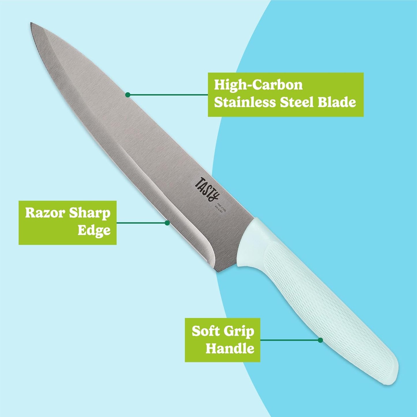 Tasty 5-Piece Cutlery & Cutting Board Set, High-Carbon Stainless Steel Knives with Soft Grip Handles, Reversible Cutting Board for Chopping & Serving, Aqua