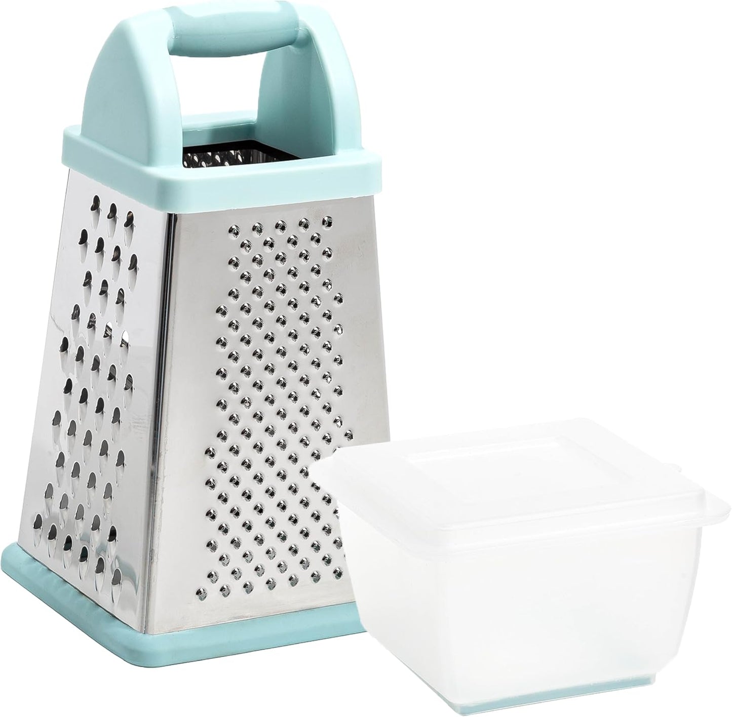 Tasty Box Grater with Storage Container & Lid, Multi-Sided Stainless Steel Grater for Fine, Medium, Coarse Shreds & Slicing, Non-Slip Base, Dishwasher Safe, Aqua