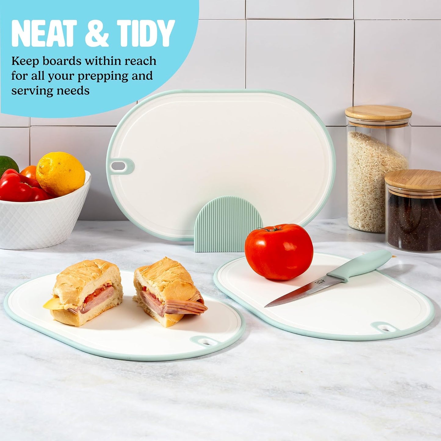 Tasty Cutting Board Set, Cutlery Set includes three 13" x 8.75" reversible boards with Convenient Stand, Dishwasher Safe