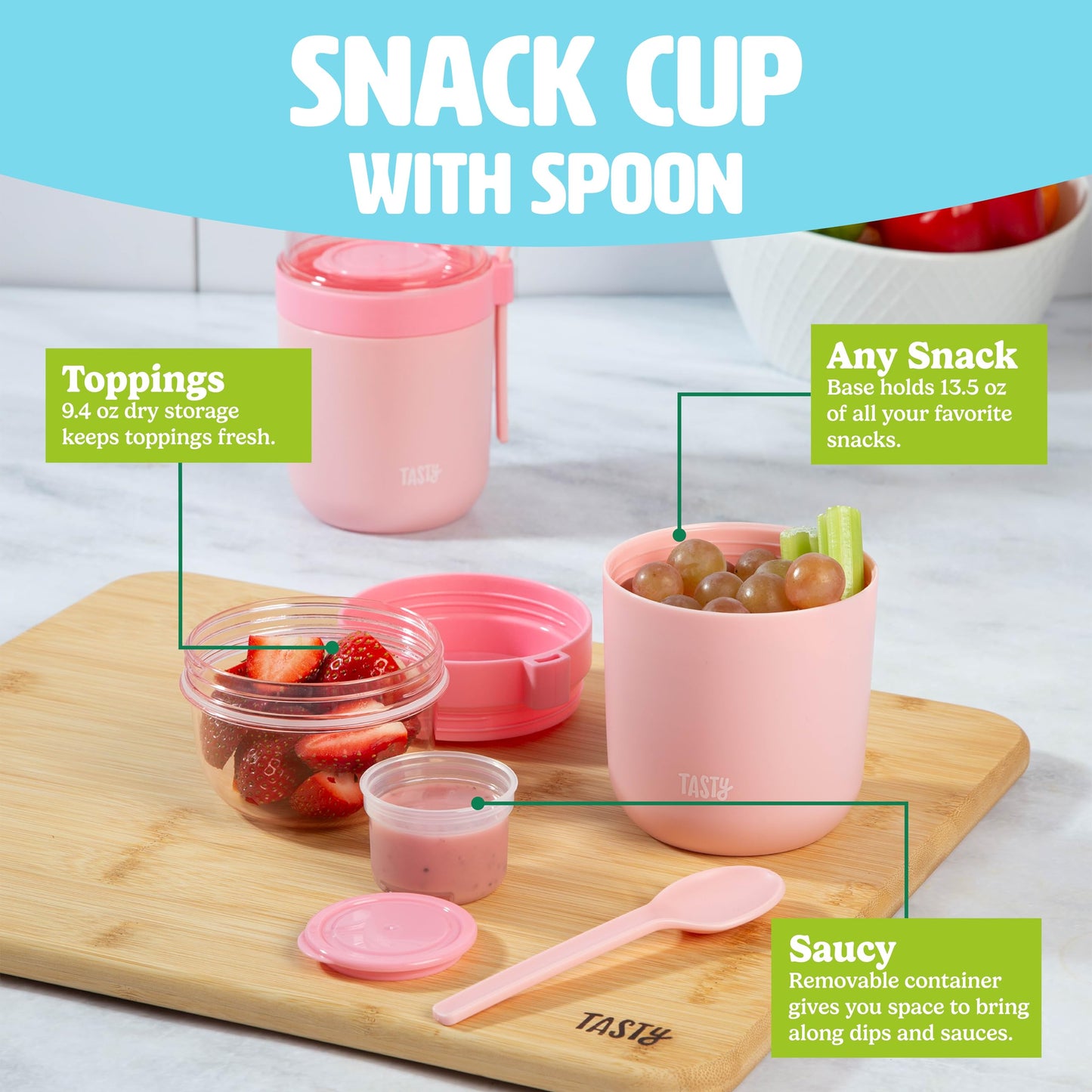 Tasty Travel Snack Cups with Spoons, On-The-Go Snacking, Divided Compartments, Great for Nuts, Cereal, Granola, Yogurt and More, Made Without BPA, 2-Pack, Aqua
