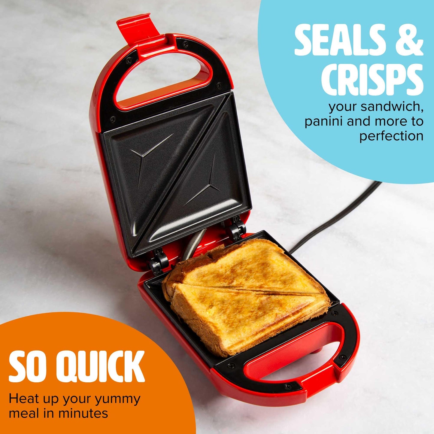 Tasty Mini Sandwich Maker, Makes Sandwiches, Paninis, Grilled Cheese, Desserts, Quick Results, Easy Cleanup, 600W, Aqua