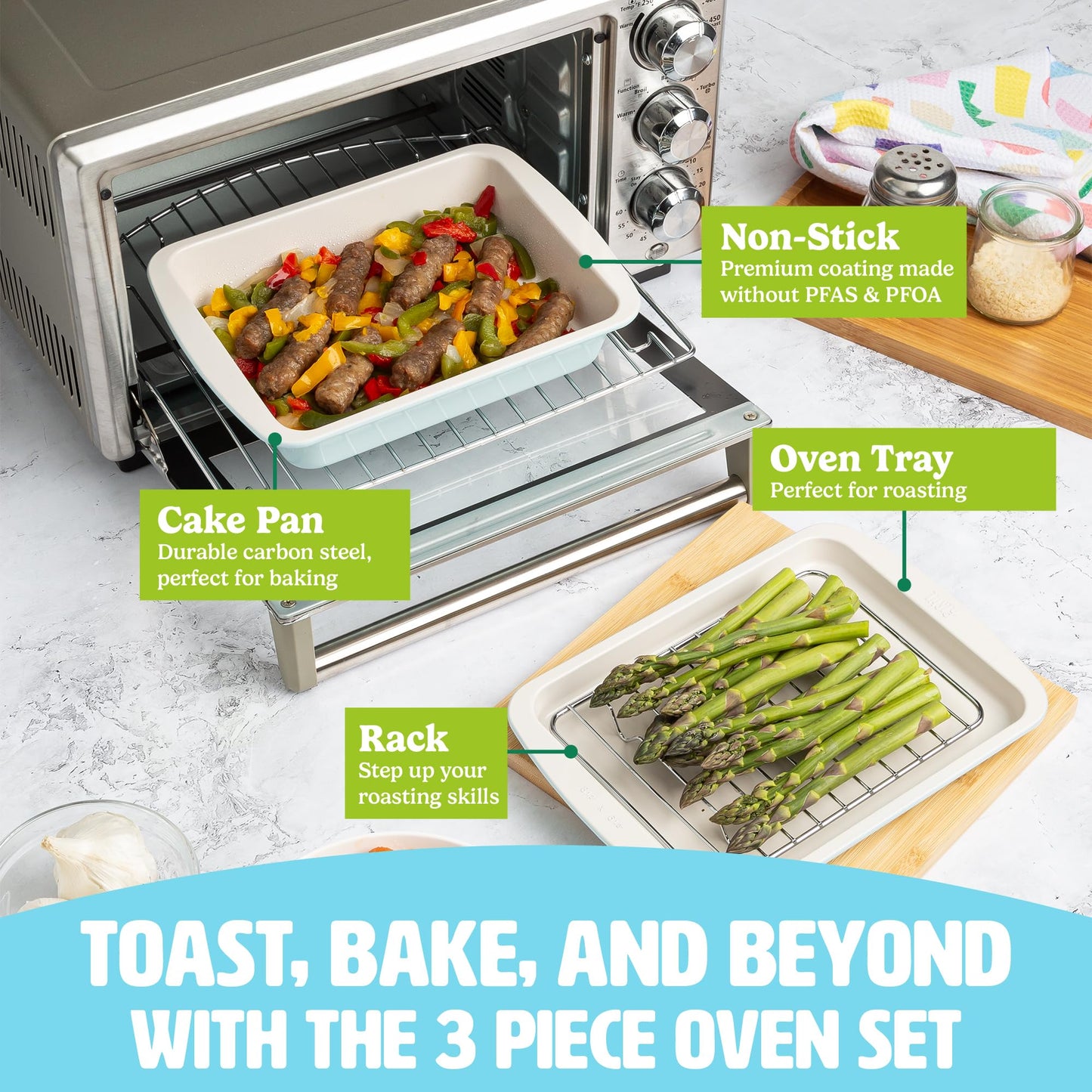 Tasty Nonstick Toaster Oven Baking Set Includes Cake Pan, Oven Tray, Rack, Carbon Steel Bakeware, 3-Piece Set, Pink