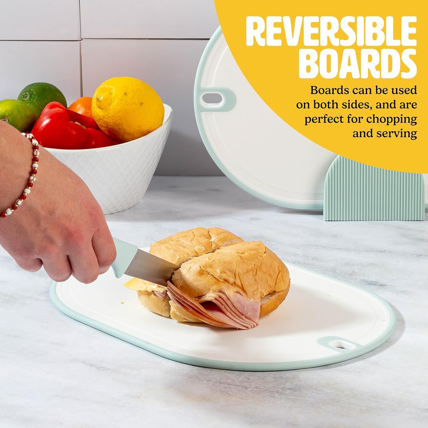 Tasty Cutting Board Set, Cutlery Set includes three 13" x 8.75" reversible boards with Convenient Stand, Dishwasher Safe