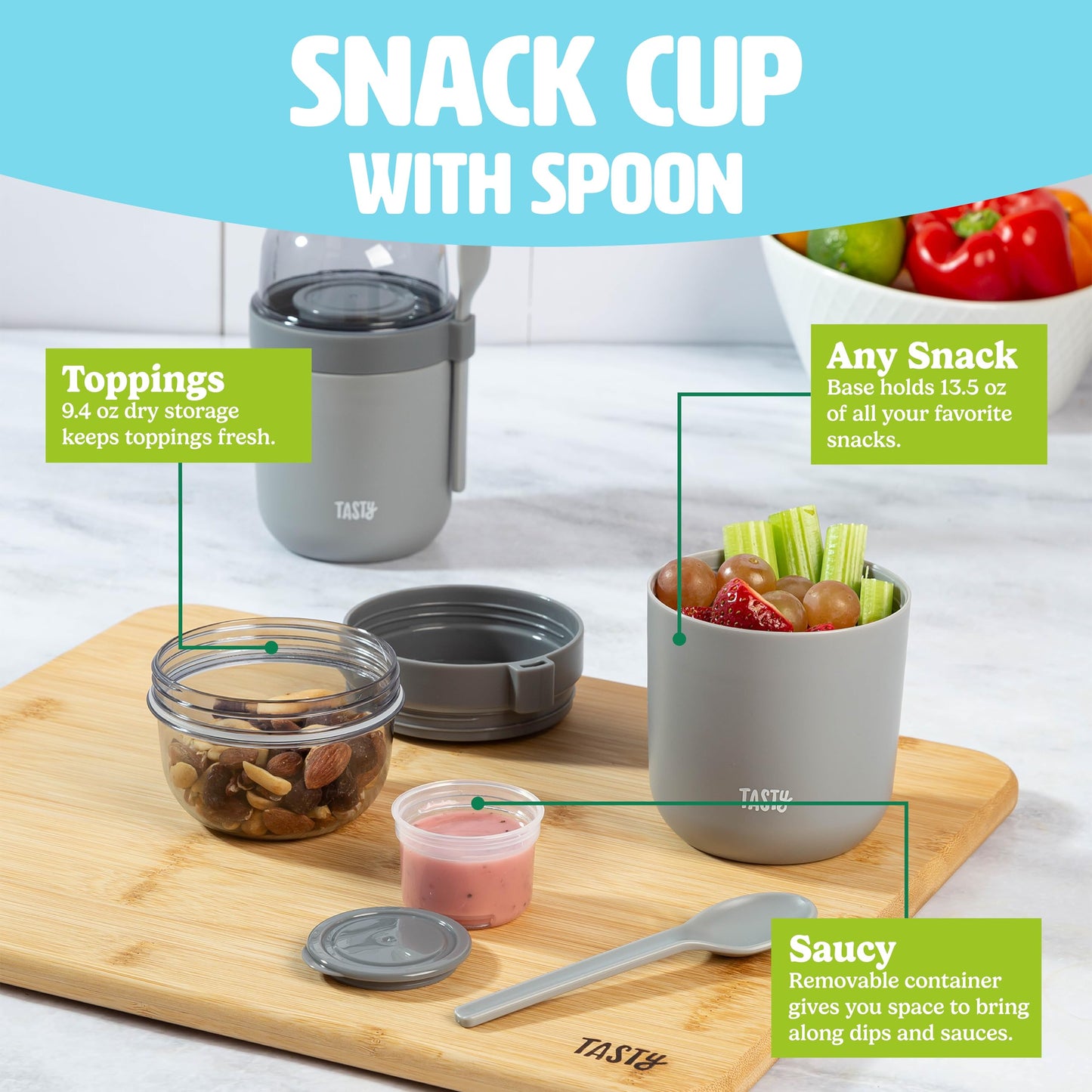 Tasty Travel Snack Cups with Spoons, On-The-Go Snacking, Divided Compartments, Great for Nuts, Cereal, Granola, Yogurt and More, Made Without BPA, 2-Pack, Aqua
