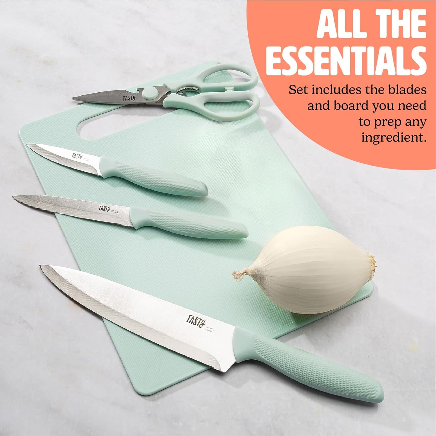 Tasty 5-Piece Cutlery & Cutting Board Set, High-Carbon Stainless Steel Knives with Soft Grip Handles, Reversible Cutting Board for Chopping & Serving, Aqua