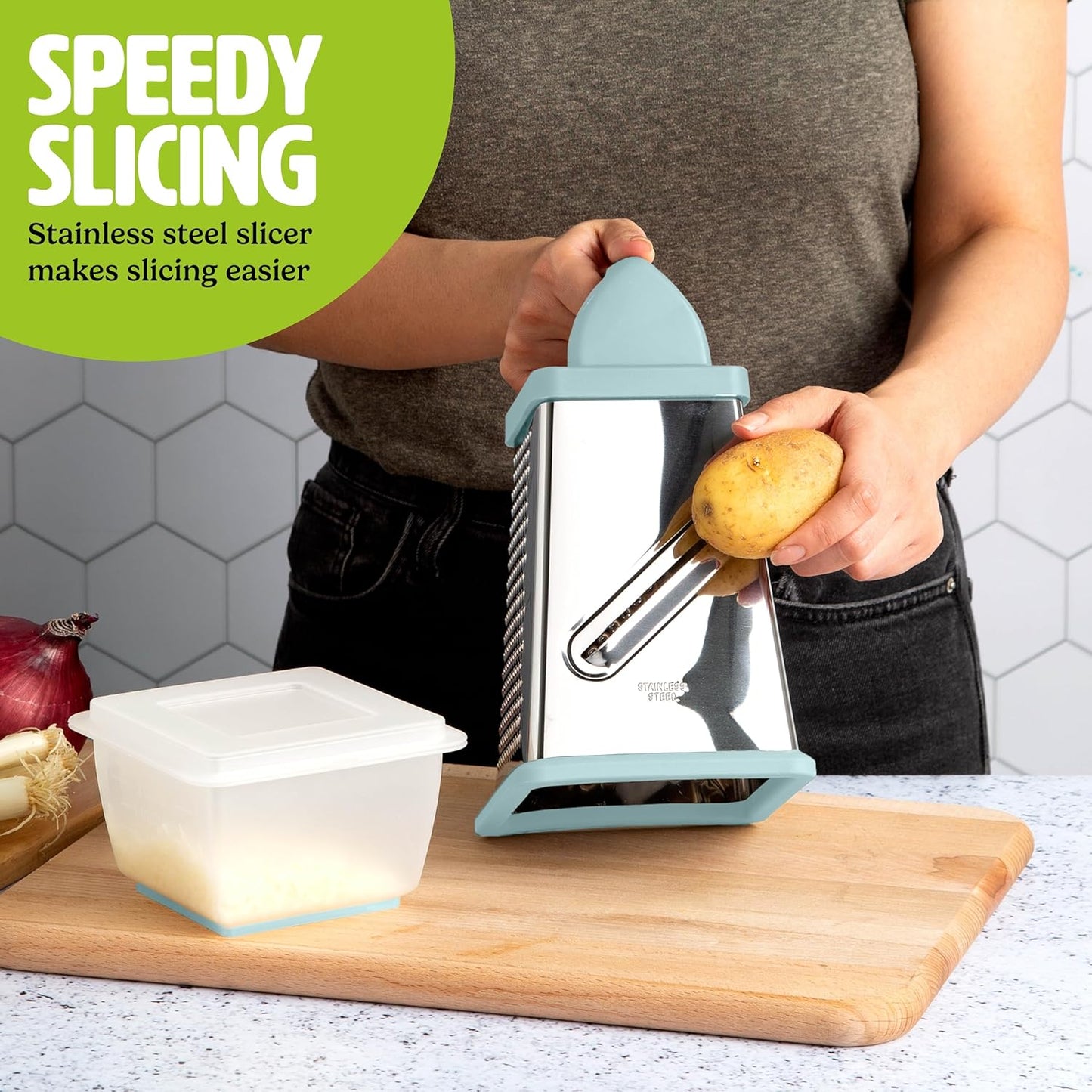 Tasty Box Grater with Storage Container & Lid, Multi-Sided Stainless Steel Grater for Fine, Medium, Coarse Shreds & Slicing, Non-Slip Base, Dishwasher Safe, Aqua